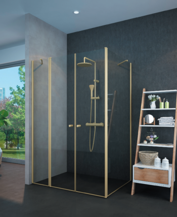 מקלחון פינתי חזית דופן קבועה ו-2 דלתות IN/OUT + קיר צד