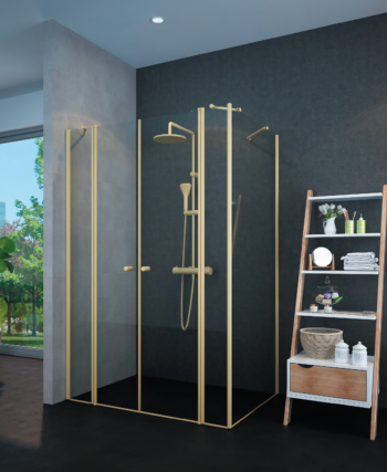 מקלחון פינתי חזית 2 דפנות ו-2 דלתות IN/OUT וקיר צד